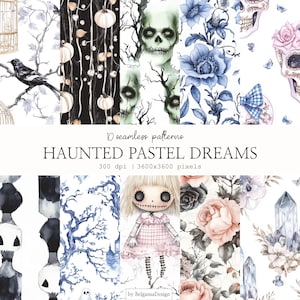 Könnte beinhalten: Eine Sammlung von 10 nahtlosen Mustern mit einem gotischen und pastellfarbenen Thema. Die Designs umfassen Schädel, Blumen und eine Puppe, mit dem Text "HAUNTED PASTEL DREAMS". Die Farbpalette umfasst Blau-, Rosa- und Schwarztöne.