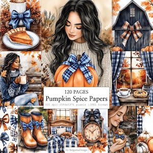 Op de afbeelding: Een digitale collectie van 120 pagina's genaamd Pumpkin Spice Papers, met illustraties van mensen met pompoenen, herfstbladeren, geruite strikken, een schuur, laarzen, een klok en een taart, gepresenteerd in JPEG-formaat.