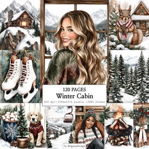 Könnte beinhalten: Eine digitale Sammlung von 120 Seiten mit dem Titel Winter Cabin, die Illustrationen einer lächelnden Person, einer Blockhütte, eines Eichhörnchens mit Schal, weißer Schlittschuhe, eines Welpen im Pullover, eines verschneiten Waldes, einer Feuerstelle und eines Kranzes zeigt.