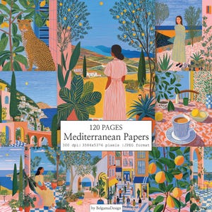 Könnte beinhalten: Eine farbenfrohe Collage mit Illustrationen mediterraner Szenen. Das Kunstwerk zeigt einen Leoparden, Frauen in Kleidern, Landschaften und Gebäude. Der Text auf dem Bild lautet "120 PAGES Mediterranean Papers". Der Stil erinnert an Reiseplakate.