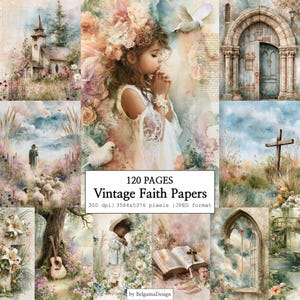 Könnte beinhalten: Eine digitale Sammlung von 120 Seiten mit dem Titel Vintage Faith Papers, die Aquarell-Illustrationen einer Kirche, eines betenden Kindes, eines Steinbogens, eines Hirten mit Schafen, eines Kreuzes, einer Gitarre, einer offenen Bibel und eines Fensters zeigt.