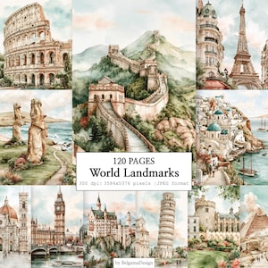 May include: A digital collection of 120 pages featuring watercolor illustrations of world landmarks including the Colosseum, Great Wall of China, Eiffel Tower, Moai statues, Big Ben, Leaning Tower of Pisa, and Egyptian pyramids.