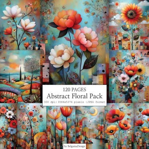 Könnte beinhalten: Eine Sammlung farbenfroher floraler Kunstdrucke. Die Bilder zeigen verschiedene Blumen in Orange-, Rosa- und Weißtönen vor einem türkisfarbenen Hintergrund. Der Text "Abstract Floral Pack" wird zusammen mit anderen Details angezeigt.