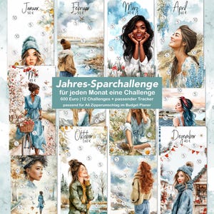 Puede incluir: Un conjunto de doce tarjetas de desafío presupuestario estilo acuarela, cada una representando un mes con un retrato de mujer y objetivos de ahorro. Las tarjetas presentan el texto "Jahres-Sparchallenge" y "600 Euro".