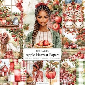 Puede incluir: Una colección digital de 120 páginas titulada Apple Harvest Papers con ilustraciones en acuarela de personas, manzanas rojas, graneros rústicos, patrones de cuadros, un camión rojo y zapatillas con estampados de manzanas en un collage.