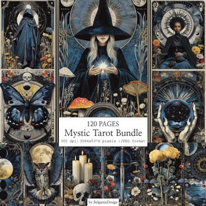 Könnte beinhalten: Ein digitales Kunstpaket mit Tarotkarten-Designs mit einem mystischen Thema. Die Karten zeigen Illustrationen einer vermummten Figur, einer Hexe, eines Schmetterlings, einer Eule und anderer symbolischer Bilder. Der Text auf dem Bild lautet "Mystic Tarot Bundle".