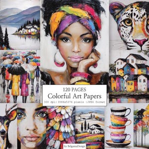 Könnte beinhalten: Eine Sammlung farbenfroher Kunstdrucke mit verschiedenen Gemälden. Die Bilder zeigen ein Frauenporträt, Landschaften, einen Leoparden und gestapelte Tassen. Der Text auf dem Bild lautet "120 PAGES Colorful Art Papers".