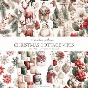 Könnte beinhalten: Eine Sammlung von 10 nahtlosen Mustern mit Weihnachtsmotiven. Die Muster zeigen Aquarellillustrationen von Rentieren, Weihnachtsmännern, Schneemännern, Kerzen, Ornamenten und floralen Elementen in Rot, Grün und Weiß. Der Text "CHRISTMAS COTTAGE VIBES" ist zu sehen.