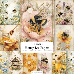 Honey Bee & Floral Papers Bundle, 120 Printable Junk Journal Pages, Vintage Honeycomb Ephemera, Beehive Botanical Scrapbook, Cottagecore