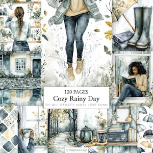 May include: A digital collection titled 120 PAGES Cozy Rainy Day featuring watercolour illustrations of a person jumping in puddles, reading by a window, drinking tea, a forest path, rain boots, umbrellas, and a vintage radio in blue and yellow tones.