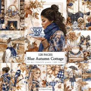 Könnte beinhalten: Eine digitale Sammlung mit dem Titel Blue Autumn Cottage mit 120 Seiten voller Illustrationen, darunter eine Person mit Teetasse, ein Reiter, ein Hund, Kürbisse und Herbstlaub in Blau- und Brauntönen, im 300 dpi und JPEG-Format.