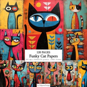 Könnte beinhalten: Eine Sammlung farbenfroher, abstrakter Katzenkunstdrucke. Die Bilder zeigen stilisierte Katzen in verschiedenen Posen und Farben, mit geometrischen Hintergründen. Der Text "Funky Cat Papers" ist sichtbar, zusammen mit anderen Details.