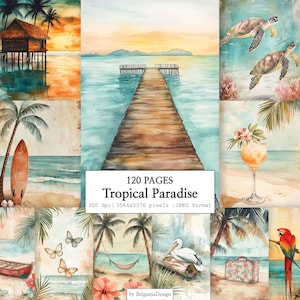 Könnte beinhalten: Eine digitale Sammlung von 120 Seiten mit dem Titel Tropical Paradise, die Aquarellillustrationen von Strandszenen, Meeresschildkröten, Palmen, einem Holzsteg, einem Surfbrett, einem Cocktail, Schmetterlingen, einem Pelikan und einem Papagei zeigt.