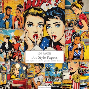 May include: A collage of retro-style illustrations with a 1950s theme. The images feature people in diners, couples, and children on bikes. The text reads "120 PAGES 50s Style Papers". The color palette includes red, yellow, blue, and black.