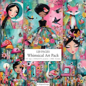 Könnte beinhalten: Ein lebendiges digitales Kunstpaket mit skurrilen Illustrationen. Die Kunstwerke umfassen Porträts von Frauen, einen Fuchs, Pilze, Vögel und einen Schwan. Der Text lautet "120 PAGES Whimsical Art Pack". Die Farbpalette ist hell und farbenfroh.