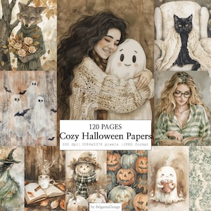 Può includere: Una collezione digitale di 120 pagine di carta di Halloween accogliente con illustrazioni ad acquerello di una volpe, una persona che abbraccia un fantasma, un gatto nero, fantasmi, una persona che legge, una strega, zucche e un fantasma con tazza.