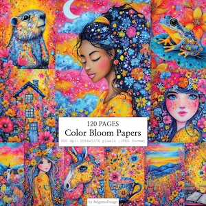 Könnte beinhalten: Ein lebendiger digitaler Kunstdruck mit einer Sammlung farbenfroher Illustrationen. Das Kunstwerk zeigt ein Porträt einer Frau, einen Frosch, ein Einhorn und ein Haus, alles umgeben von Blumen. Der Text "Color Bloom Papers" ist auf dem Bild zu sehen.