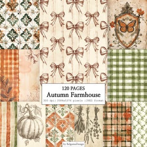 120 Autumn Farmhouse Digital Papers Bundle, Cozy Fall Patterns, Vintage Rustic Scrapbook Paper, Plaid Toile Cottagecore Printable Background
