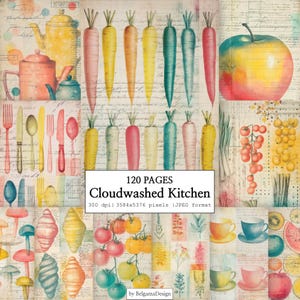 120 Digital Kitchen Vintage Papers Backgrounds, Watercolor Food Vegetable Patterns Farmhouse Cooking Junk Journal Scrapbook Paper printable