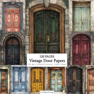 Könnte beinhalten: Eine Sammlung von 120 Seiten mit Vintage-Türpapieren, die verschiedene Doppeltüren in Farben wie Rot, Grün, Blau, Gelb und Braun zeigen. Der Text 120 PAGES Vintage Door Papers 300 dpi 3584x5376 pixels JPEG format ist in der Mitte abgedruckt.