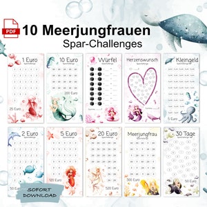 10 Meerjungfrauen Spar-Challenges für die A6 Umschlagmethode | Sparspiel | Umgang lernen mit Geld | Taschengeld | PDF Download | Sparbinder