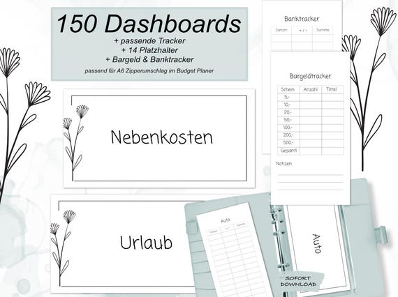 Dashboards, Deckblätter, Tracker A6 Umschlagmethode Budget Planer minimalistisch in schwarz weiß | Finanzplaner PDF Download | Sparchallenge