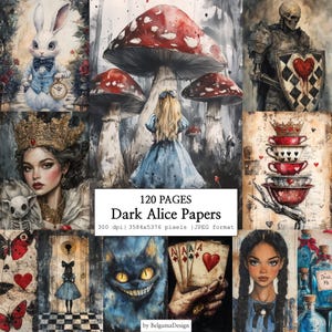 Könnte beinhalten: Eine digitale Sammlung von 120 Seiten mit dem Titel Dark Alice Papers, die Aquarell-Illustrationen eines weißen Kaninchens, eines Mädchens im blauen Kleid, Pilzen, eines Skelettritters, einer Königin, gestapelter Tassen, Spielkarten und einer Katze zeigt.