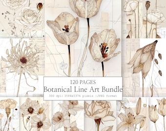 120 Botanical Papers Bundle, Floral Line Art, Neutral Flower Illustrations, Cottagecore Scrapbook, Junk Journal, Beige Botanical Wall Art