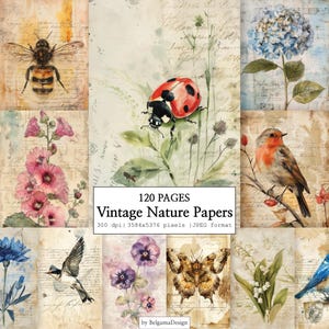 Könnte beinhalten: Eine digitale Sammlung von 120 Seiten Vintage-Naturpapier mit Illustrationen von einer Biene, einem Marienkäfer, blauen Hortensien, rosa Stockrosen, einem Rotkehlchen, einer Schwalbe, Stiefmütterchen, einem Schmetterling und Maiglöckchen.