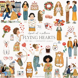 Könnte beinhalten: Ein digitales Clipart-Set namens "FLYING HEARTS" mit Illustrationen zum Thema Liebe und Romantik. Das Set enthält Bilder von Paaren, Herzen, Blumen und anderen dekorativen Elementen. Der Text "70 clipart set + patterns" ist ebenfalls enthalten.