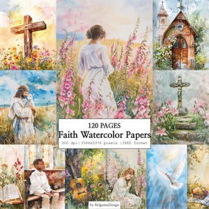 Könnte beinhalten: Eine digitale Sammlung von 120 Seiten mit Aquarellpapieren zum Thema Glaube, die ein Holzkreuz, eine Person in einem weißen Kleid auf einem Feld, einen Kircheneingang, Jesus mit einem Lamm, ein Kruzifix, ein Kind, eine Gitarre, einen Engel und eine Taube zeigen.
