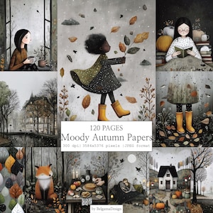 Könnte beinhalten: Eine digitale Kunstcollage mit herbstlichen Illustrationen. Szenen zeigen ein Mädchen mit einer Tasse, ein Kind mit Blättern, eine lesende Person, einen Fuchs und ein Häuschen. Der Text lautet "120 PAGES Moody Autumn Papers".