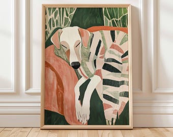 Peut inclure: Une affiche encadrée représentant un chien endormi. Le chien est blanc avec des détails roses et repose sur un coussin pêche. Il est recouvert d'une couverture à motifs rayés verts, noirs et blancs. Le fond est vert.