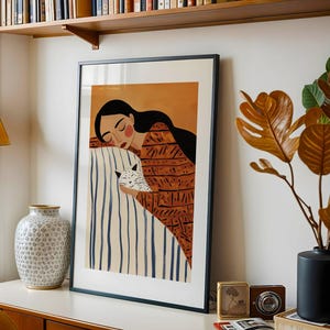 Minimalist Abstract Woman with Cat Art Print, Modern Female Figure, Contemporary Living Room Wall Art, Stripe & Pattern, Digital Download