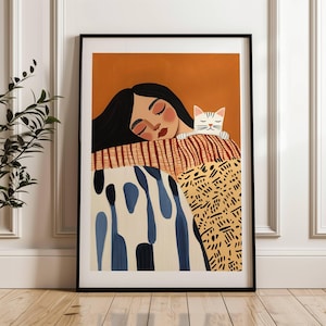 Minimalist Woman with Cat Art Print: Modern Abstract Wall Decor (Digital Download)