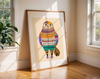 Impresión artística de aves coloridas: Ilustración folclórica tribal (Descarga digital)