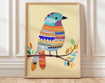 Impresión artística de aves coloridas: Ilustración folclórica tribal (Descarga digital)