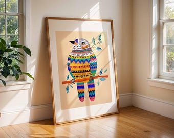 Impresión artística de aves coloridas: Ilustración folclórica tribal (Descarga digital)
