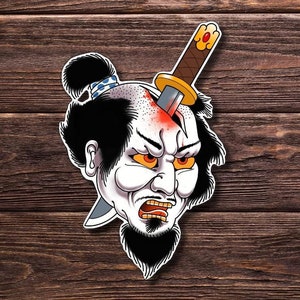 Namakubi Sticker - High Resolution Tattoo Flash Decal - Handmade Traditional Samurai Print - Handmade Gift Sticker
