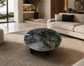 Labradorite Coffee Table | Round Blue Flash Gemstone Top | Luxury Living Room Furniture