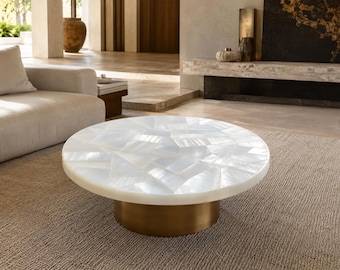 Selenite Console Table | Round White Mosaic Stone Furniture | Entryway Accent Table