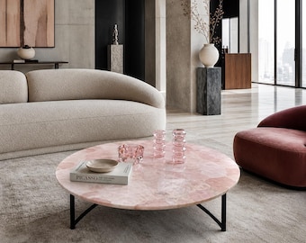 Rose Quartz Coffee Table | Round Pink Stone Top | Luxury Living Room Centerpiece