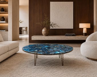 Labradorite Coffee Table | Round Blue Flash Gemstone Top | Luxury Living Room Furniture