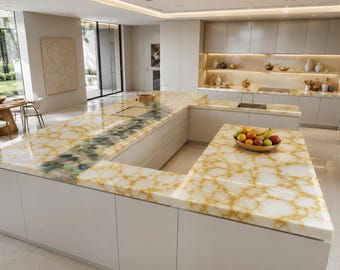 Agate Countertop | White Gold Gemstone Kitchen Island Slab | Luxury Bar Counter Surface