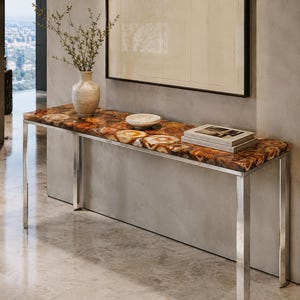 Agate Console Table | Brown Gemstone Entryway Table with Stainless Steel Base | Luxury Hallway Furniture