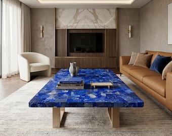 Lapis Lazuli Coffee Table | Blue Gemstone Rectangle Center Table | Handmade Luxury Living Room Furniture