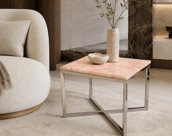 Rose Quartz Coffee Table | Square Pink Gemstone Top | Designer Living Room Accent