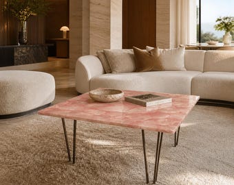 Rose Quartz Coffee Table | Pink Crystal Square Top | Luxury Living Room Furniture