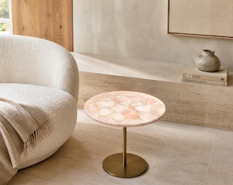 Rose Quartz Coffee Table | Round Pink Crystal Accent Table | Living Room Centerpiece