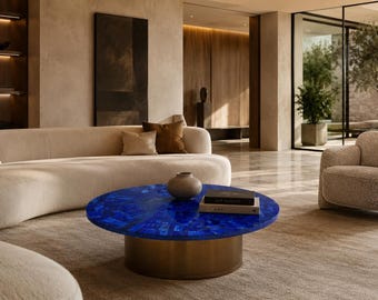 Lapis Lazuli Coffee Table | Round Blue Gemstone Mosaic | Luxury Living Room Centerpiece